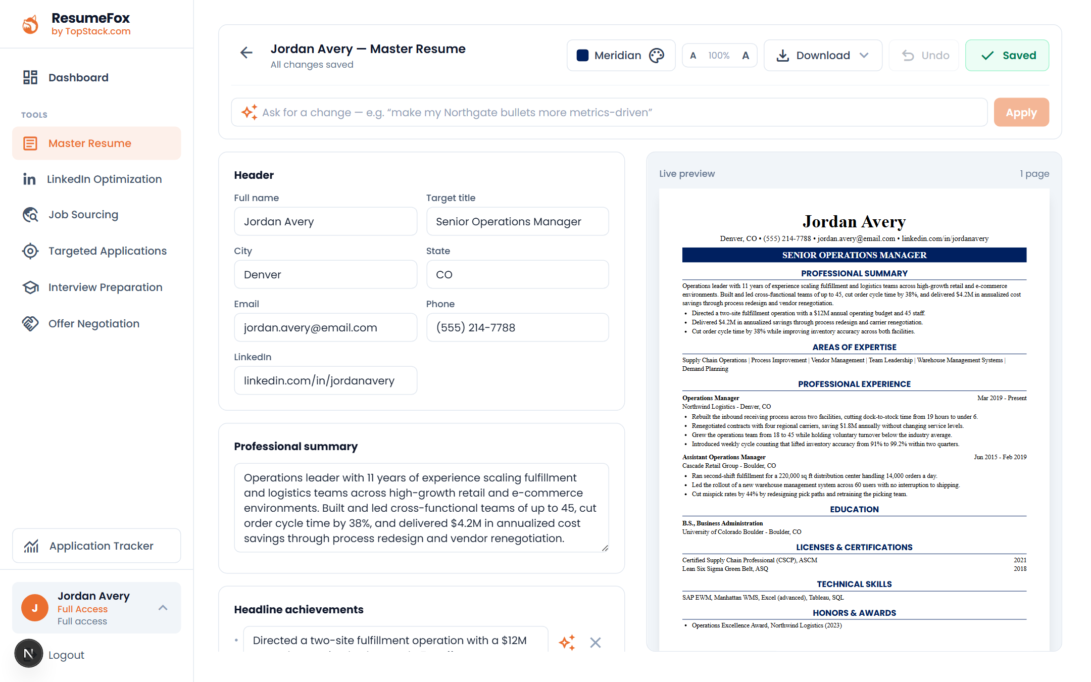 The master resume editor, with editable fields on the left and a live page preview on the right
