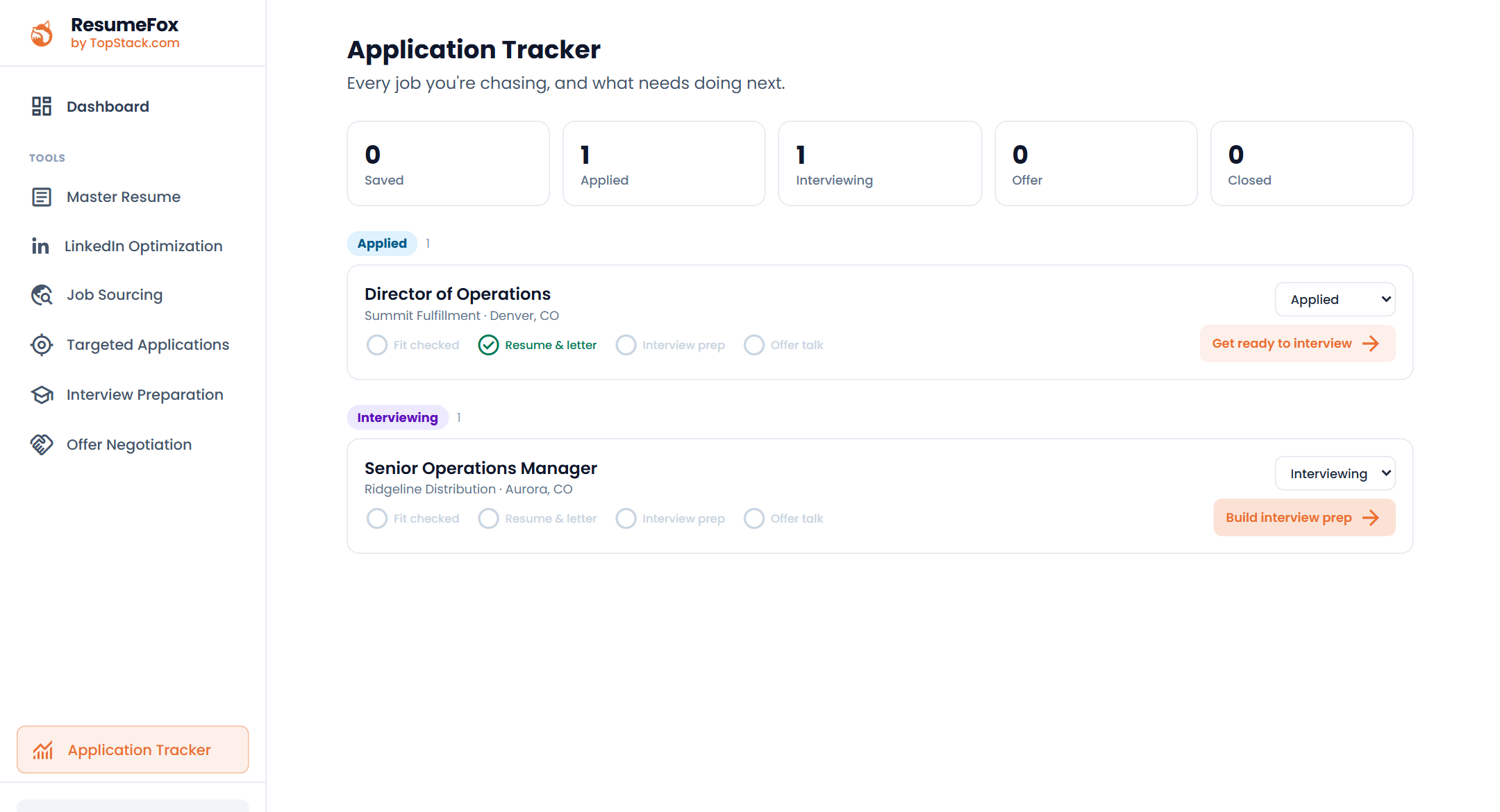 The application tracker listing saved jobs with their status and what has been built for each